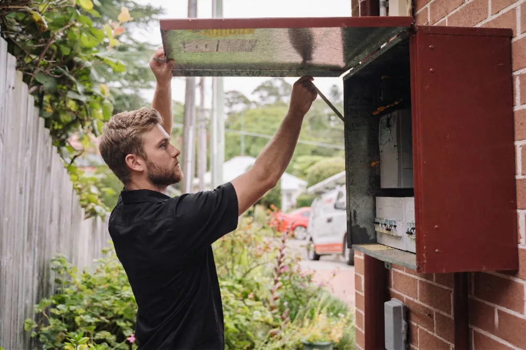 Electrician installing downlights in a Mascot home