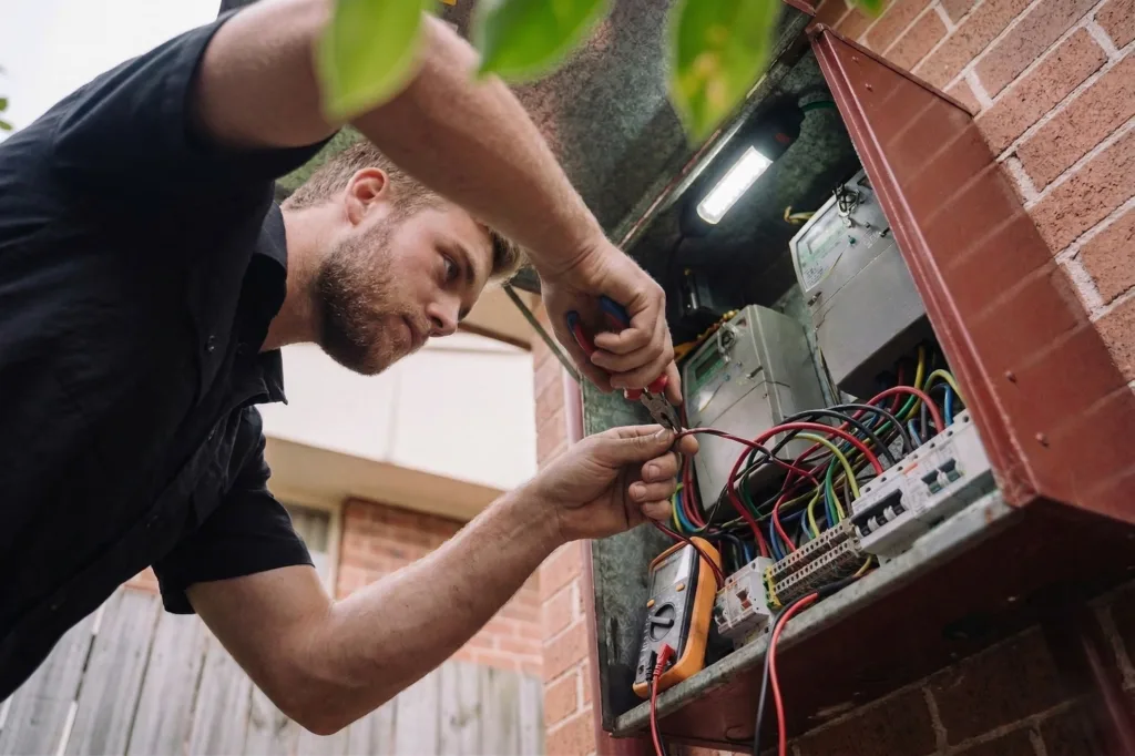 Mascot electrician performing electrical work